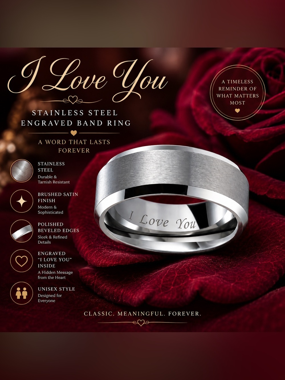 Stainless Steel Engraved “I Love You” Ring | Brushed & Polished Finish Sz 10 NWT